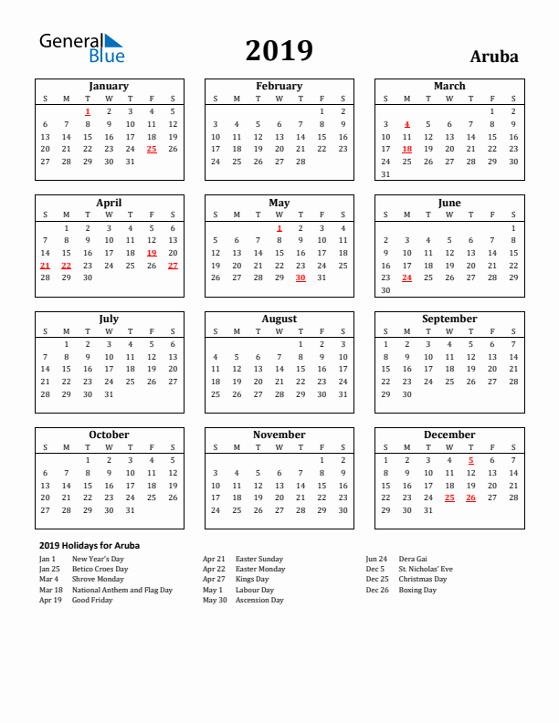 2019 Aruba Holiday Calendar - Sunday Start