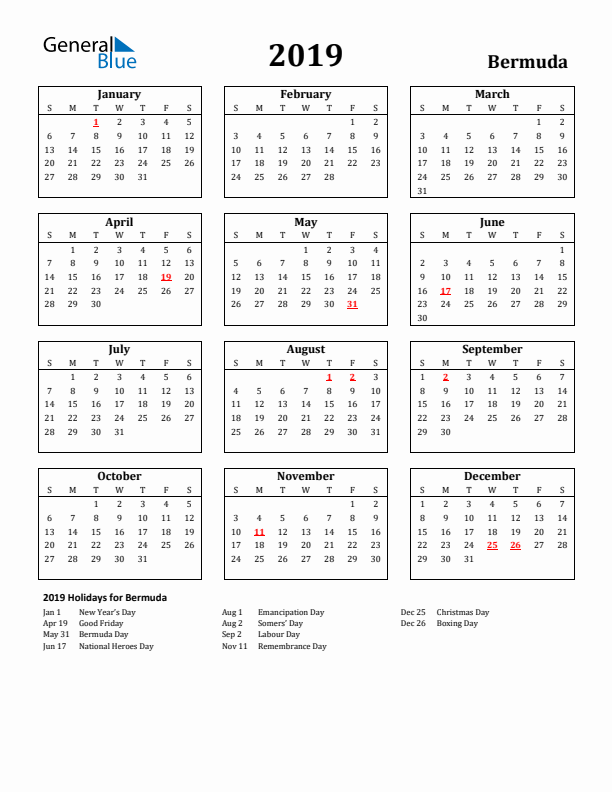 2019 Bermuda Holiday Calendar - Sunday Start