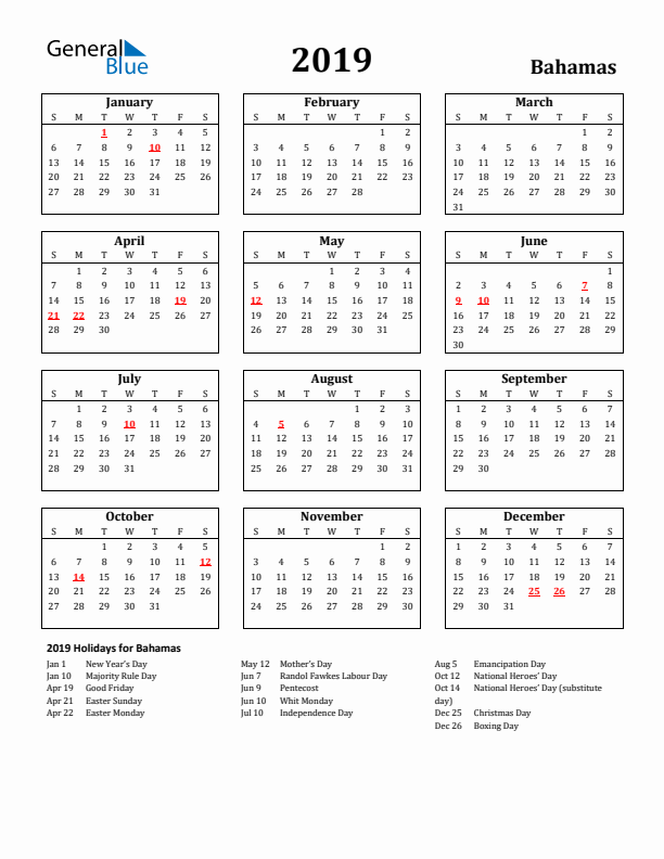 2019 Bahamas Holiday Calendar - Sunday Start