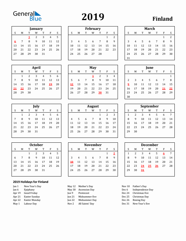 2019 Finland Holiday Calendar - Sunday Start