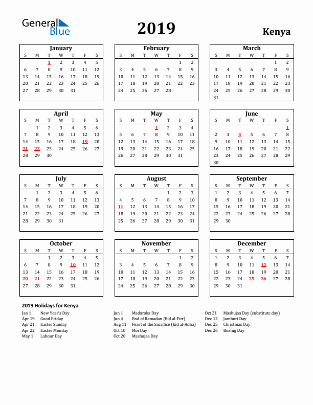 2019 Kenya Holiday Calendar - Sunday Start