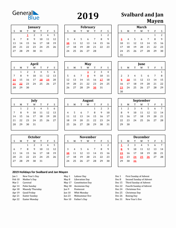 2019 Svalbard and Jan Mayen Holiday Calendar - Sunday Start