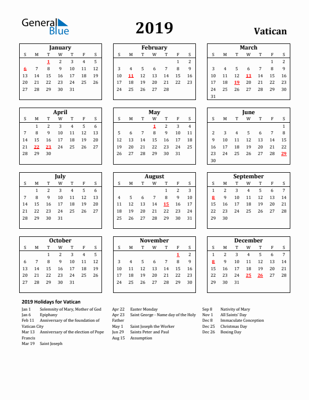 2019 Vatican Holiday Calendar - Sunday Start