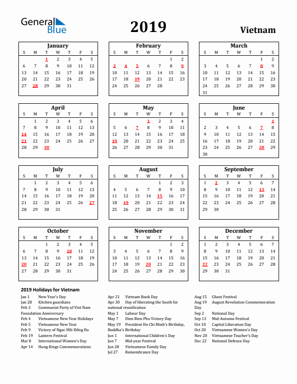 2019 Vietnam Holiday Calendar - Sunday Start