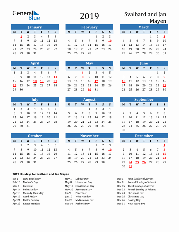 Printable Calendar 2019 with Svalbard and Jan Mayen Holidays (Monday Start)