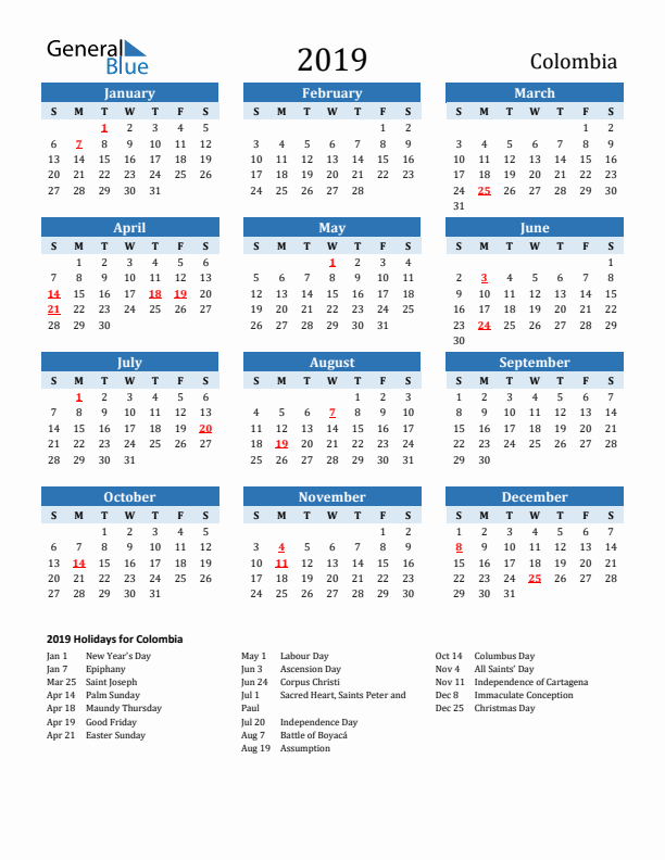 Printable Calendar 2019 with Colombia Holidays (Sunday Start)