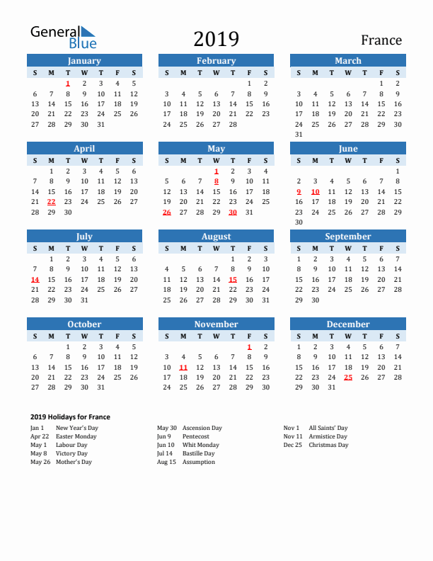 Printable Calendar 2019 with France Holidays (Sunday Start)