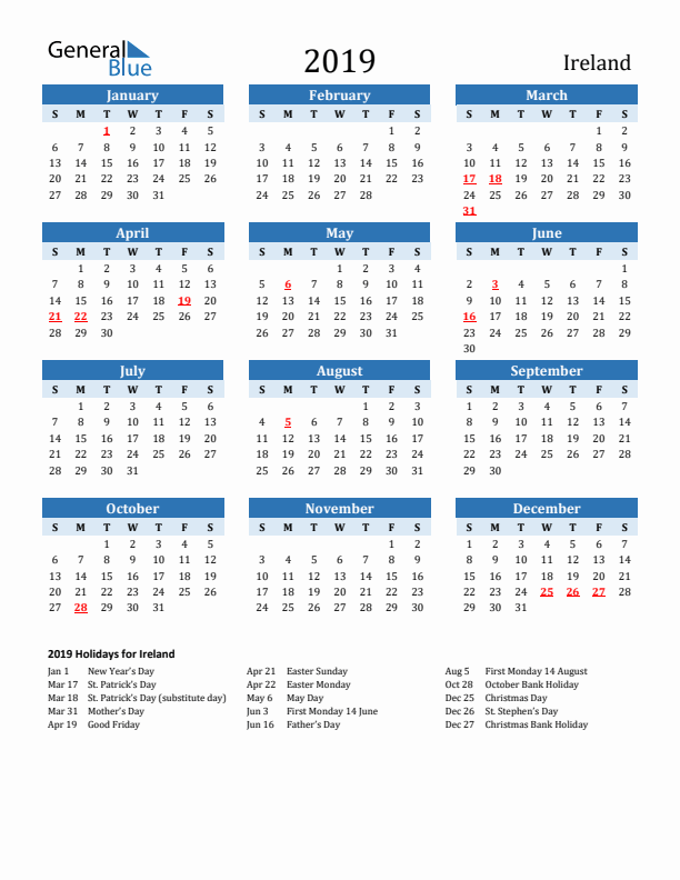 Printable Calendar 2019 with Ireland Holidays (Sunday Start)