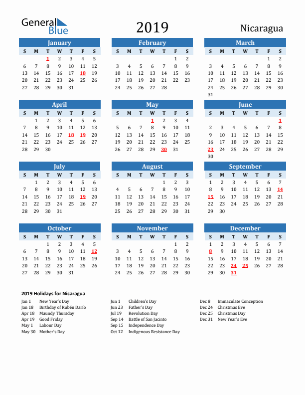 Printable Calendar 2019 with Nicaragua Holidays (Sunday Start)