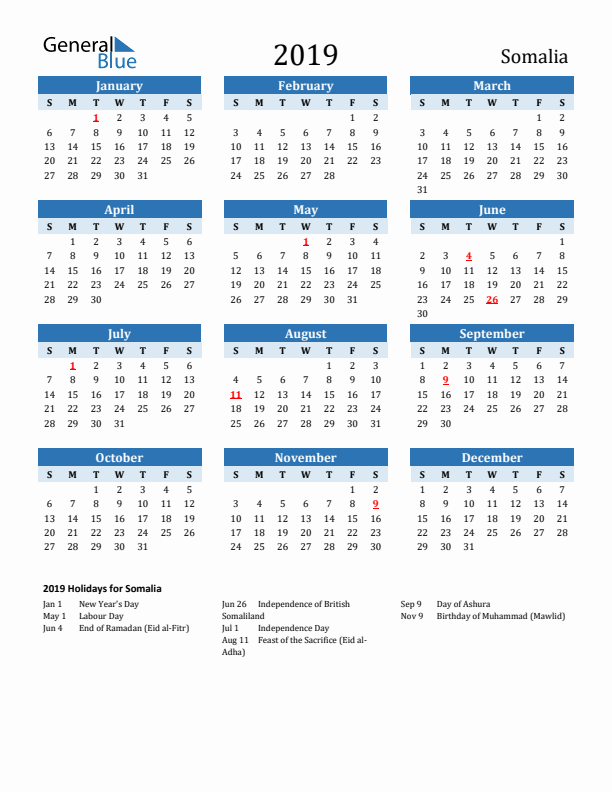 Printable Calendar 2019 with Somalia Holidays (Sunday Start)