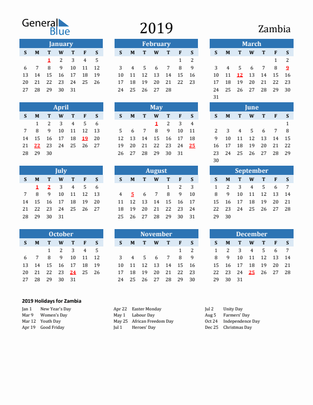 Printable Calendar 2019 with Zambia Holidays (Sunday Start)