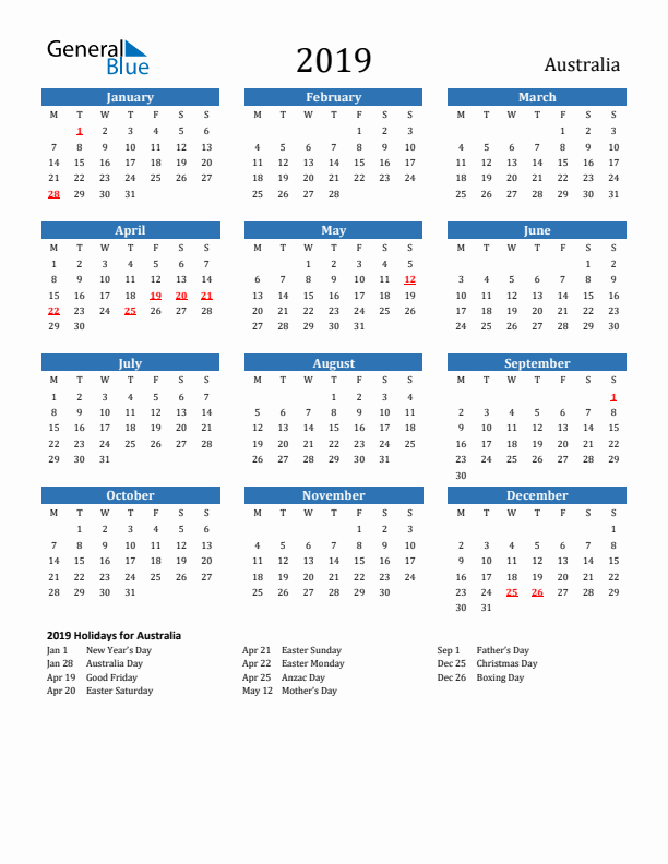 Australia 2019 Calendar with Holidays