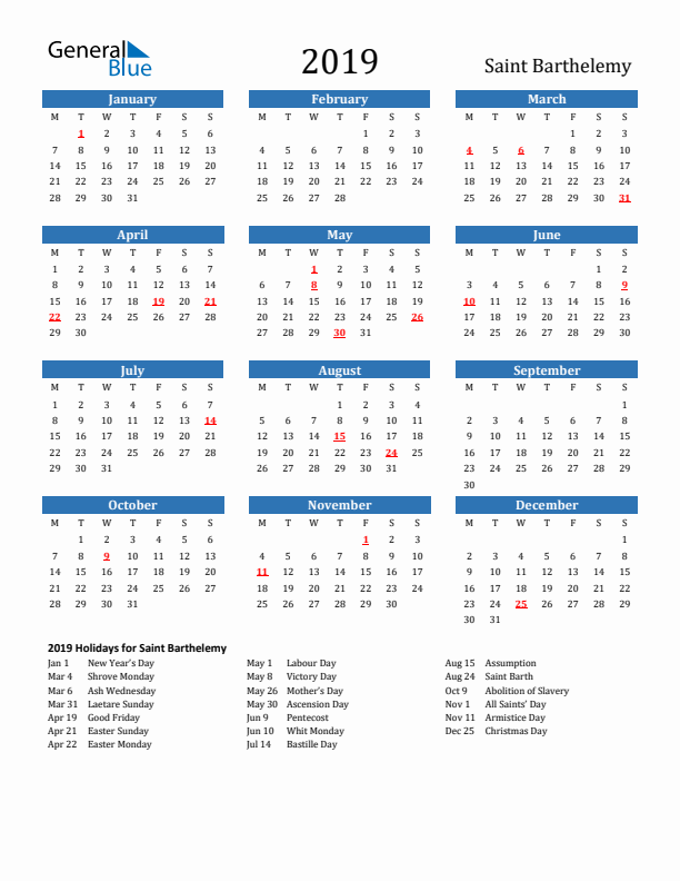 Saint Barthelemy 2019 Calendar with Holidays