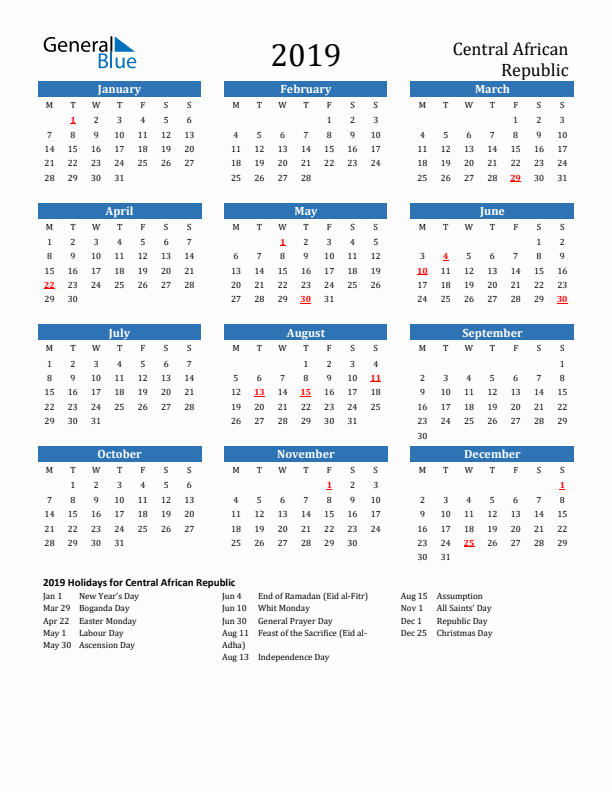 Central African Republic 2019 Calendar with Holidays