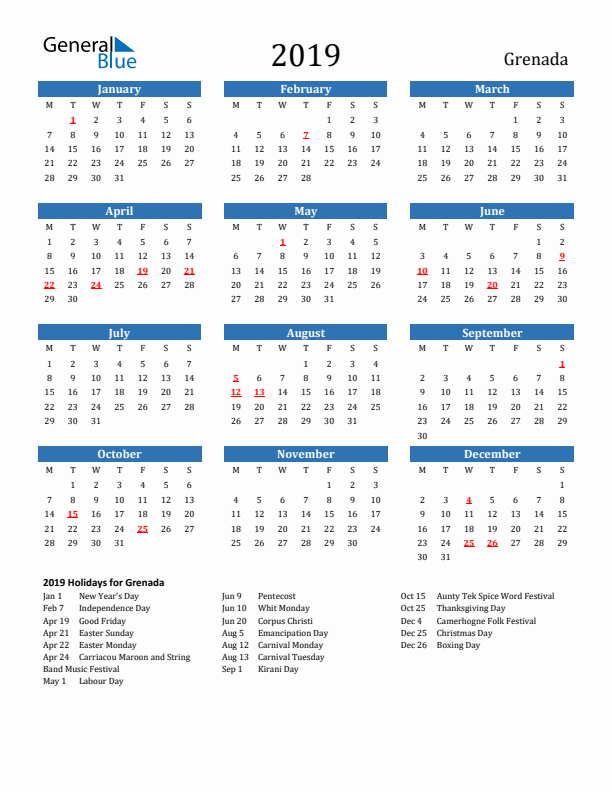 Grenada 2019 Calendar with Holidays