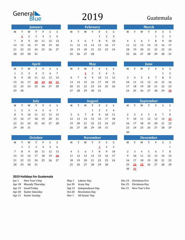 Guatemala 2019 Calendar with Holidays