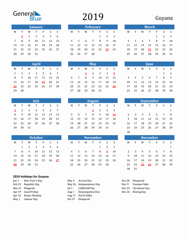 Guyana 2019 Calendar with Holidays