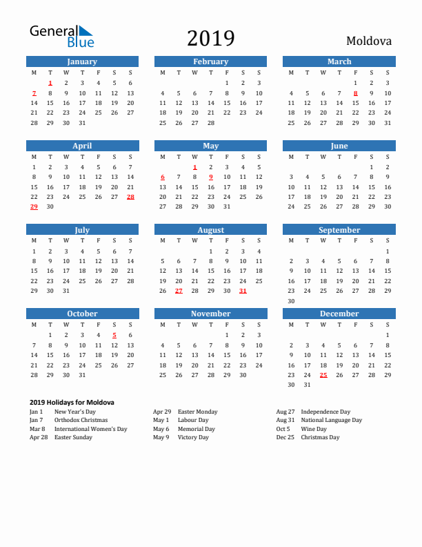 Moldova 2019 Calendar with Holidays