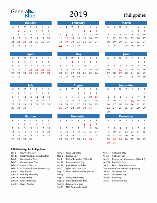 Philippines 2019 Calendar with Holidays