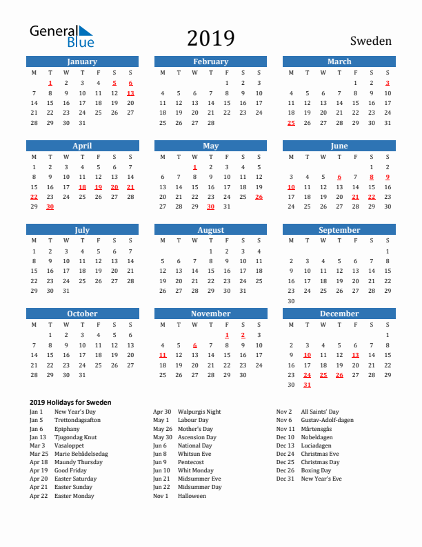 Sweden 2019 Calendar with Holidays