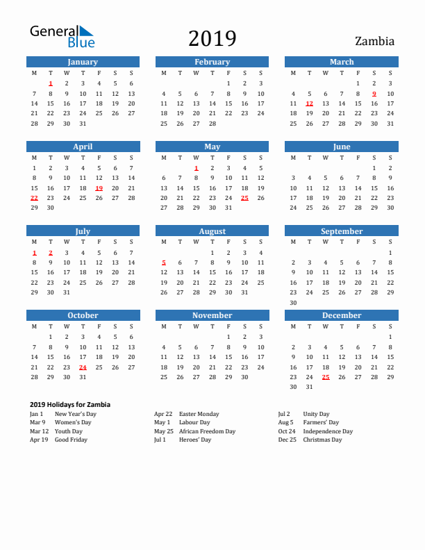 Zambia 2019 Calendar with Holidays