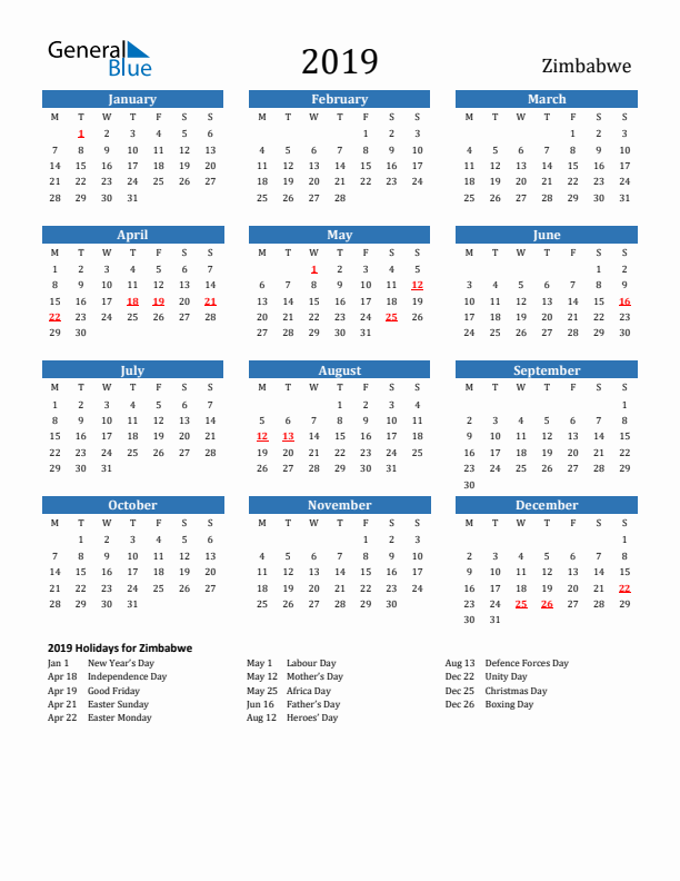 Zimbabwe 2019 Calendar with Holidays