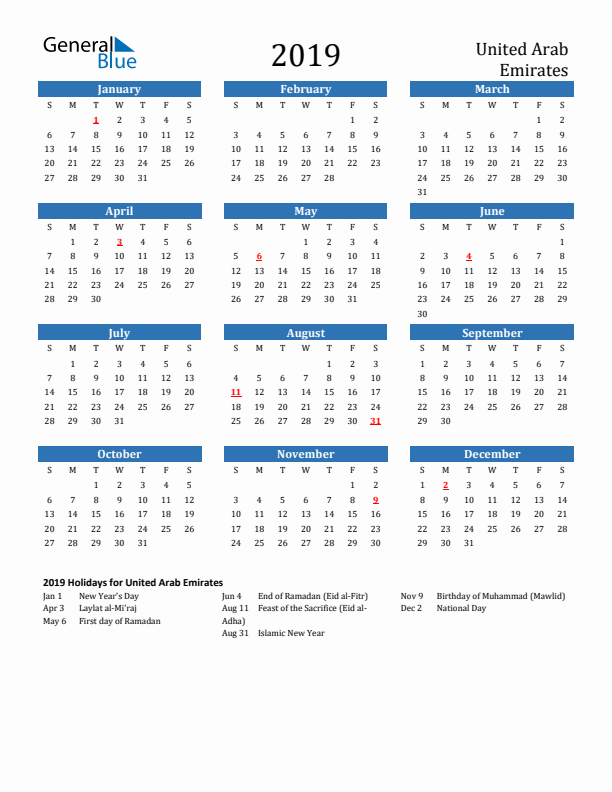 United Arab Emirates 2019 Calendar with Holidays