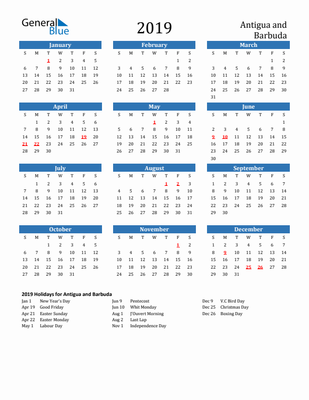 Antigua and Barbuda 2019 Calendar with Holidays