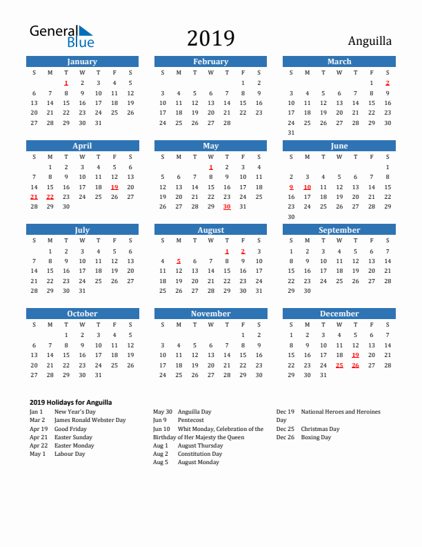 Anguilla 2019 Calendar with Holidays