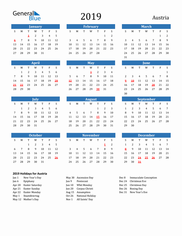 Austria 2019 Calendar with Holidays