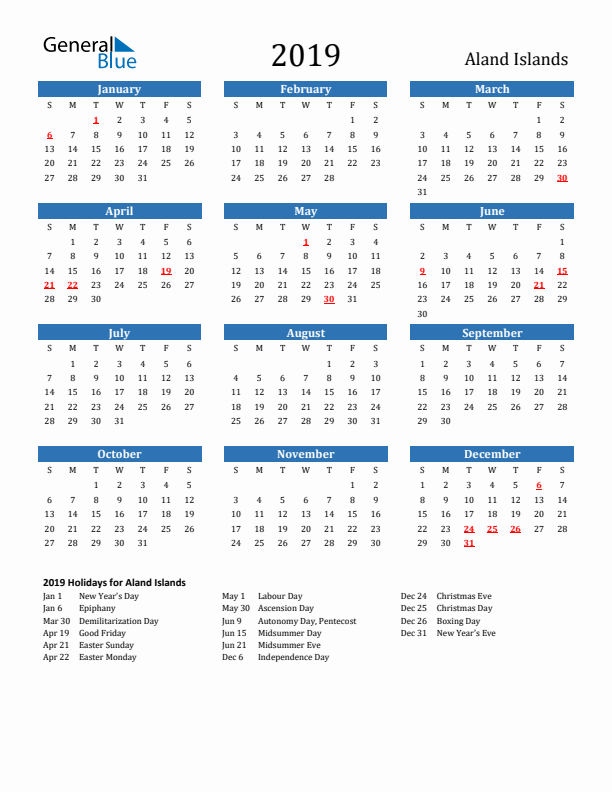 Aland Islands 2019 Calendar with Holidays