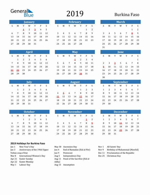 Burkina Faso 2019 Calendar with Holidays