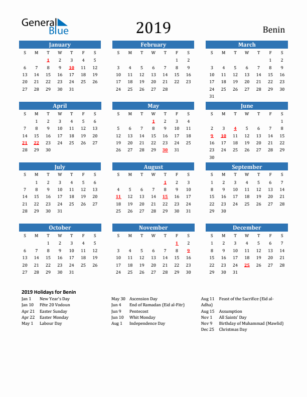 Benin 2019 Calendar with Holidays