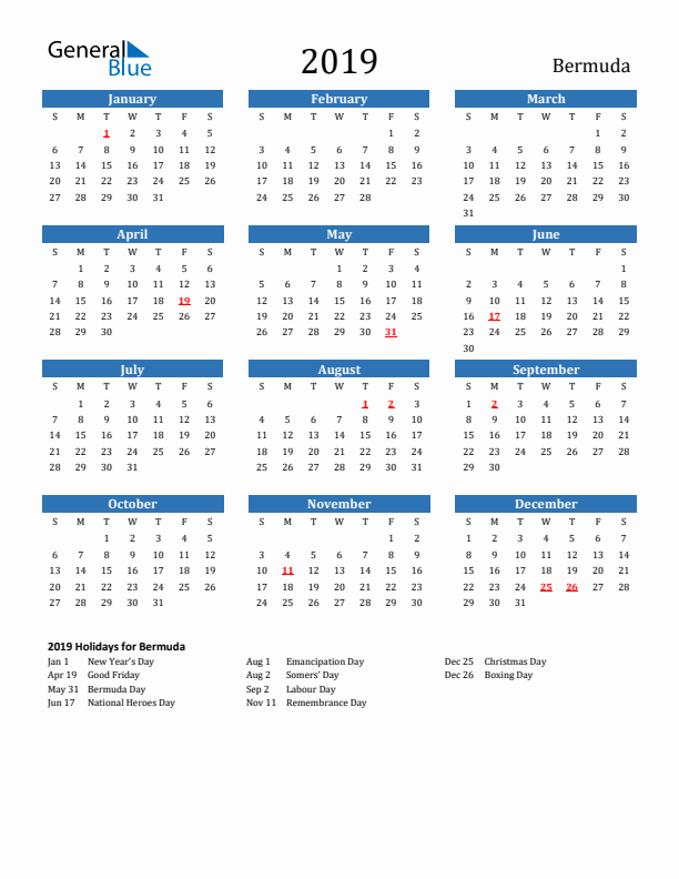 Bermuda 2019 Calendar with Holidays