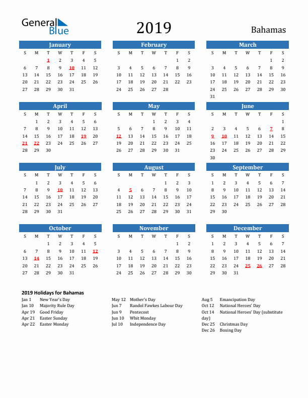 Bahamas 2019 Calendar with Holidays