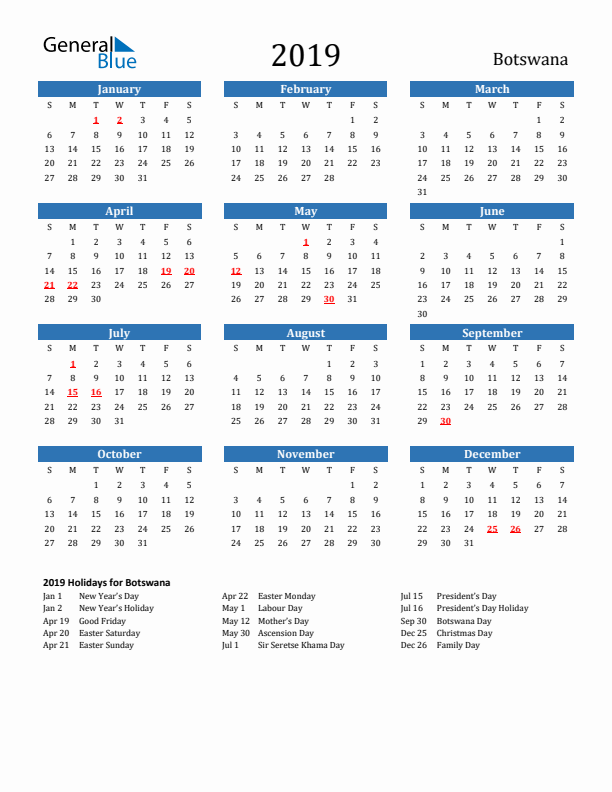 Botswana 2019 Calendar with Holidays