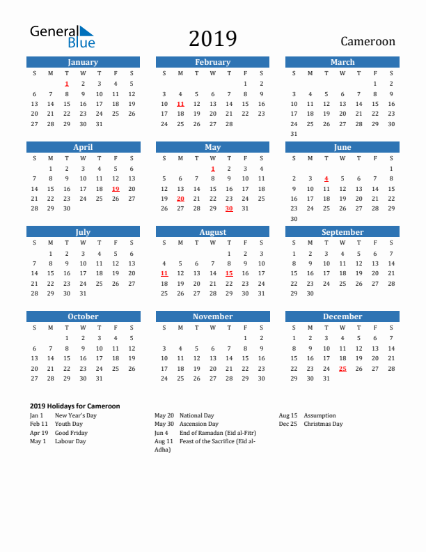 Cameroon 2019 Calendar with Holidays