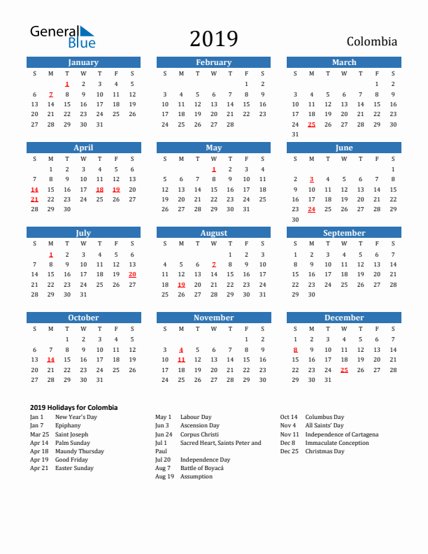 Colombia 2019 Calendar with Holidays