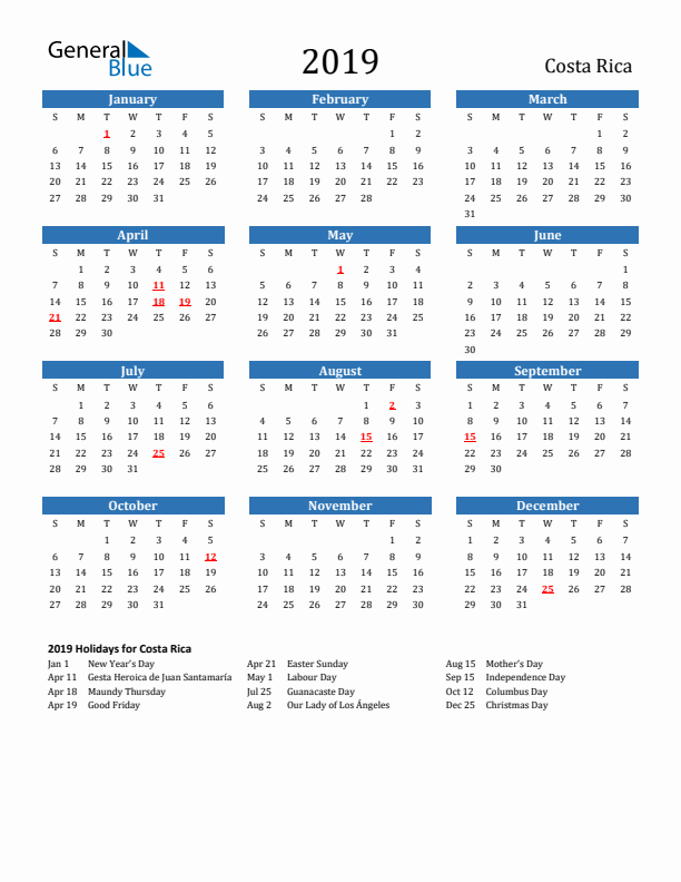 Costa Rica 2019 Calendar with Holidays