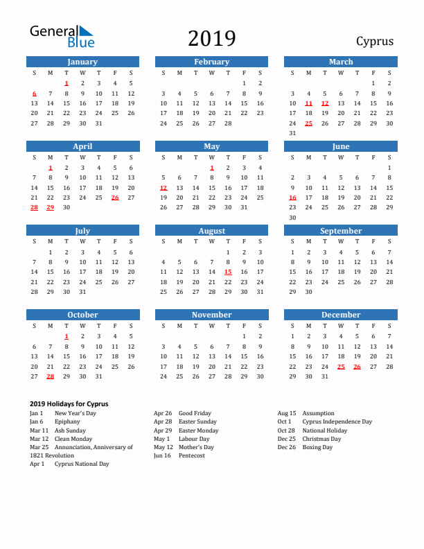 Cyprus 2019 Calendar with Holidays