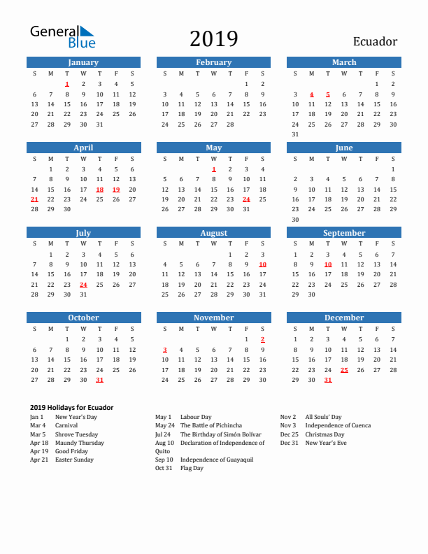 Ecuador 2019 Calendar with Holidays