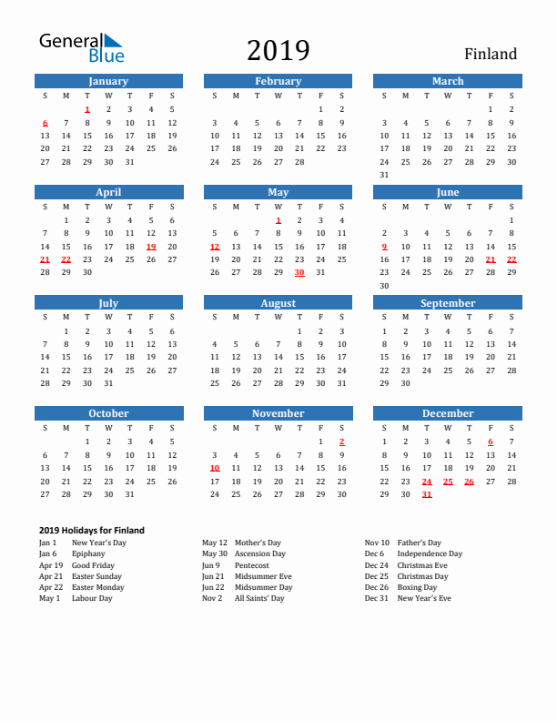 Finland 2019 Calendar with Holidays