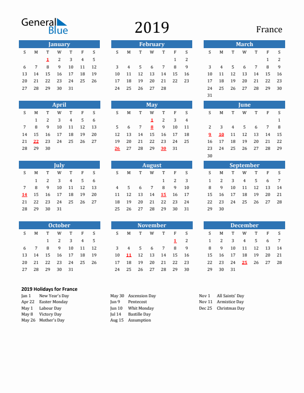 France 2019 Calendar with Holidays