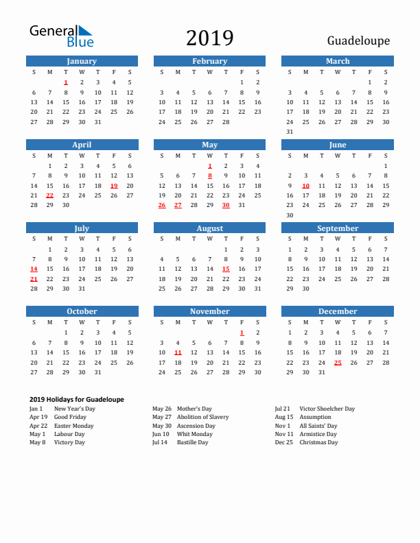 Guadeloupe 2019 Calendar with Holidays