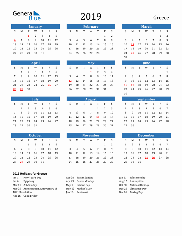 Greece 2019 Calendar with Holidays