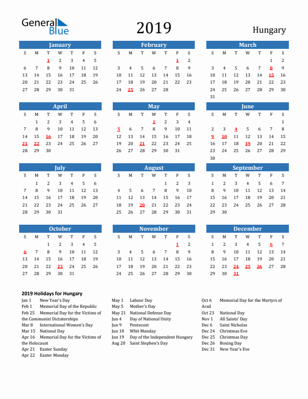 Hungary 2019 Calendar with Holidays