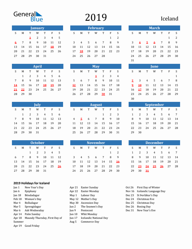 Iceland 2019 Calendar with Holidays