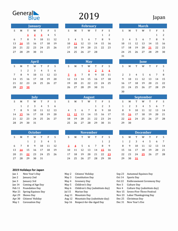 Japan 2019 Calendar with Holidays