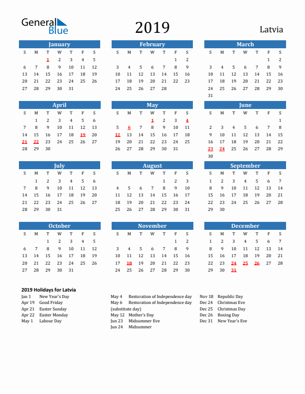 Latvia 2019 Calendar with Holidays