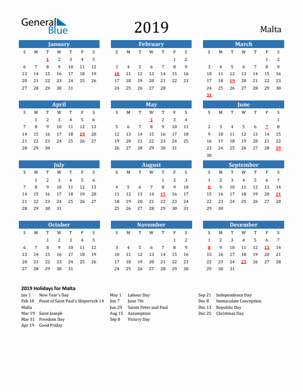 Malta 2019 Calendar with Holidays